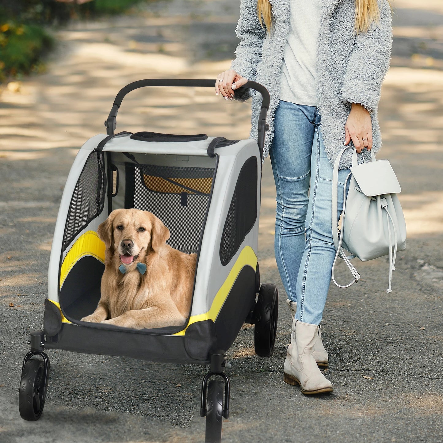 Portable Dog Stroller Four Wheels Foldable Breathable Carrier For Large Dogs