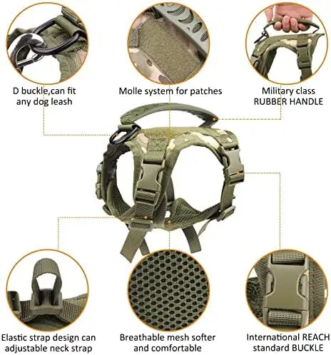 Tactical Dog Harness Small Dogs Military Adjustable Vest Leash Set Black Camo