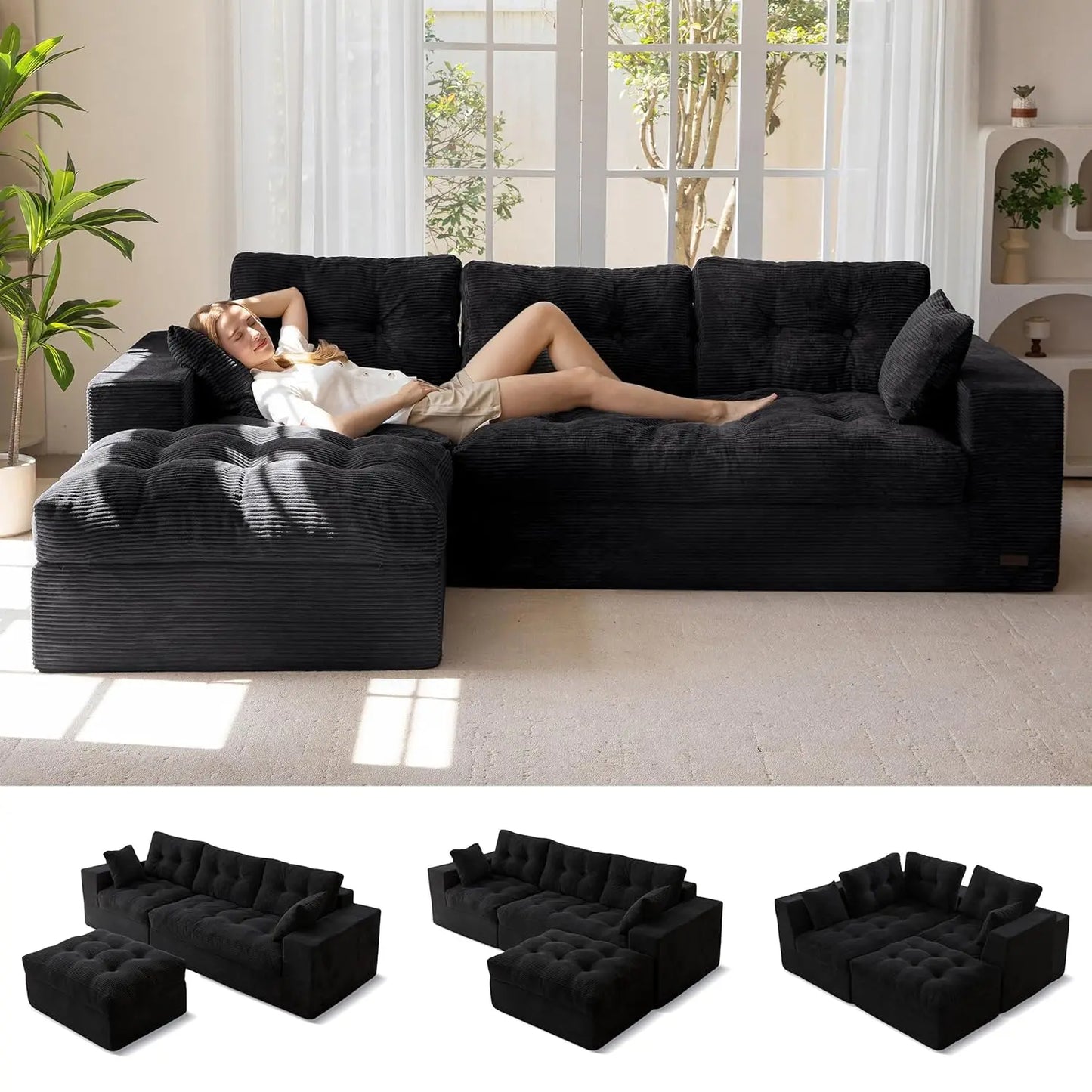 104 Inch L Shaped Modular Sectional Sofa With Ottoman Layered Cushions