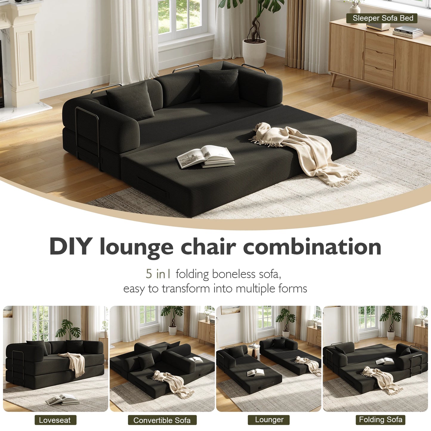 Convertible Floor Sofa Bed With Fixed Shape Frame 5 In 1 Living Room Sofa