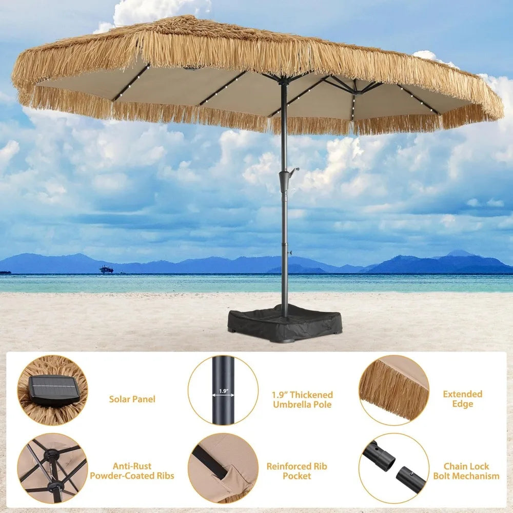 15Ft Tiki Patio Umbrella With 48 LED Lights And Heavy Duty Cross Base 12 Ribs