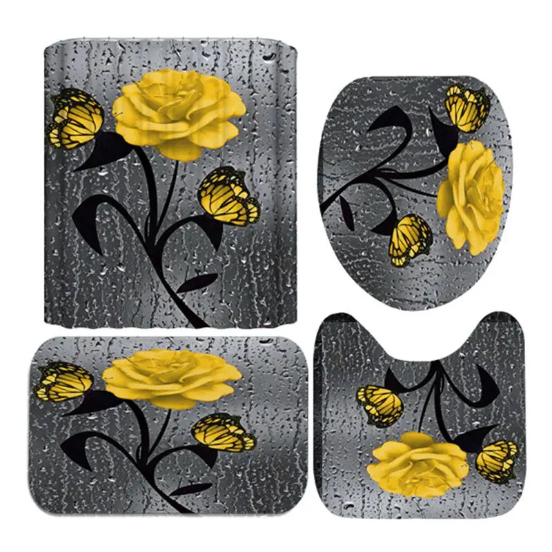 Four Piece Floral Polyester Bathroom Accessory Set Non Slip