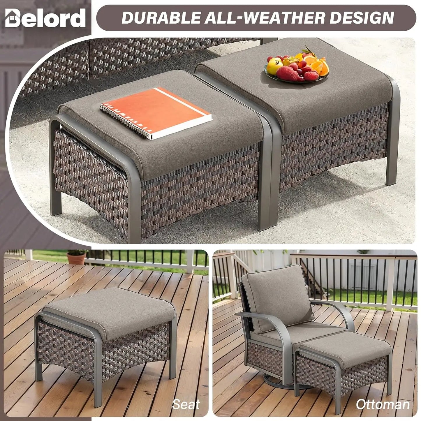 4 Piece Wicker Patio Furniture Set With Ottomans All Weather High Back Deep