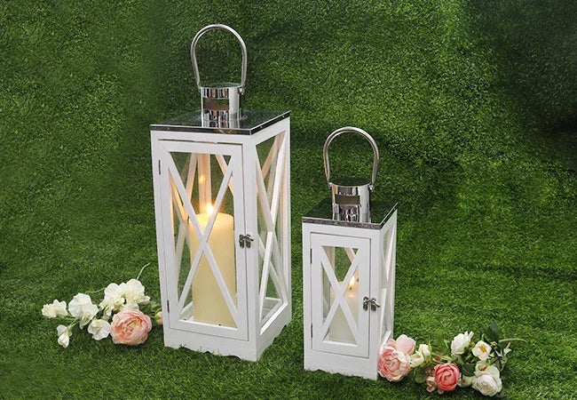 Farmhouse Wood Lantern With Tempered Glass And Steel Handle