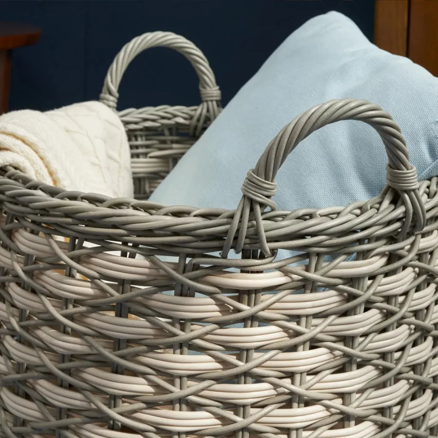 Zita Resin Woven Storage Basket With Handles White Gray
