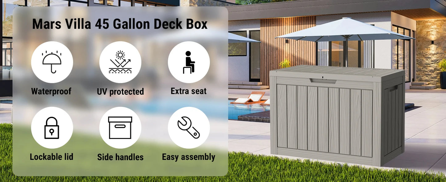 45 Gallon Outdoor Resin Deck Box Waterproof Storage Chest