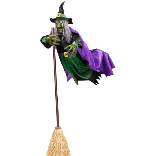 Halloween Animatronic Flying Witch On Broom Luminous Eyes