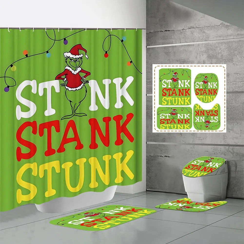 Christmas Snowman Shower Curtain Set With Green Bath Mat