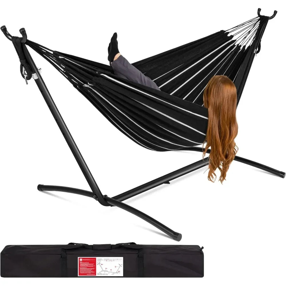 Double Brazilian Style Cotton Hammock With Steel Stand For Indoor Outdoor With Carrying Bag