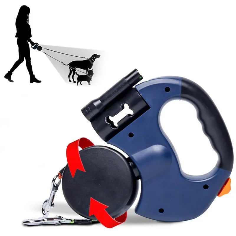 3In1 Double Head Retractable Dog Leash With Flashlight Poop Bag Dispenser