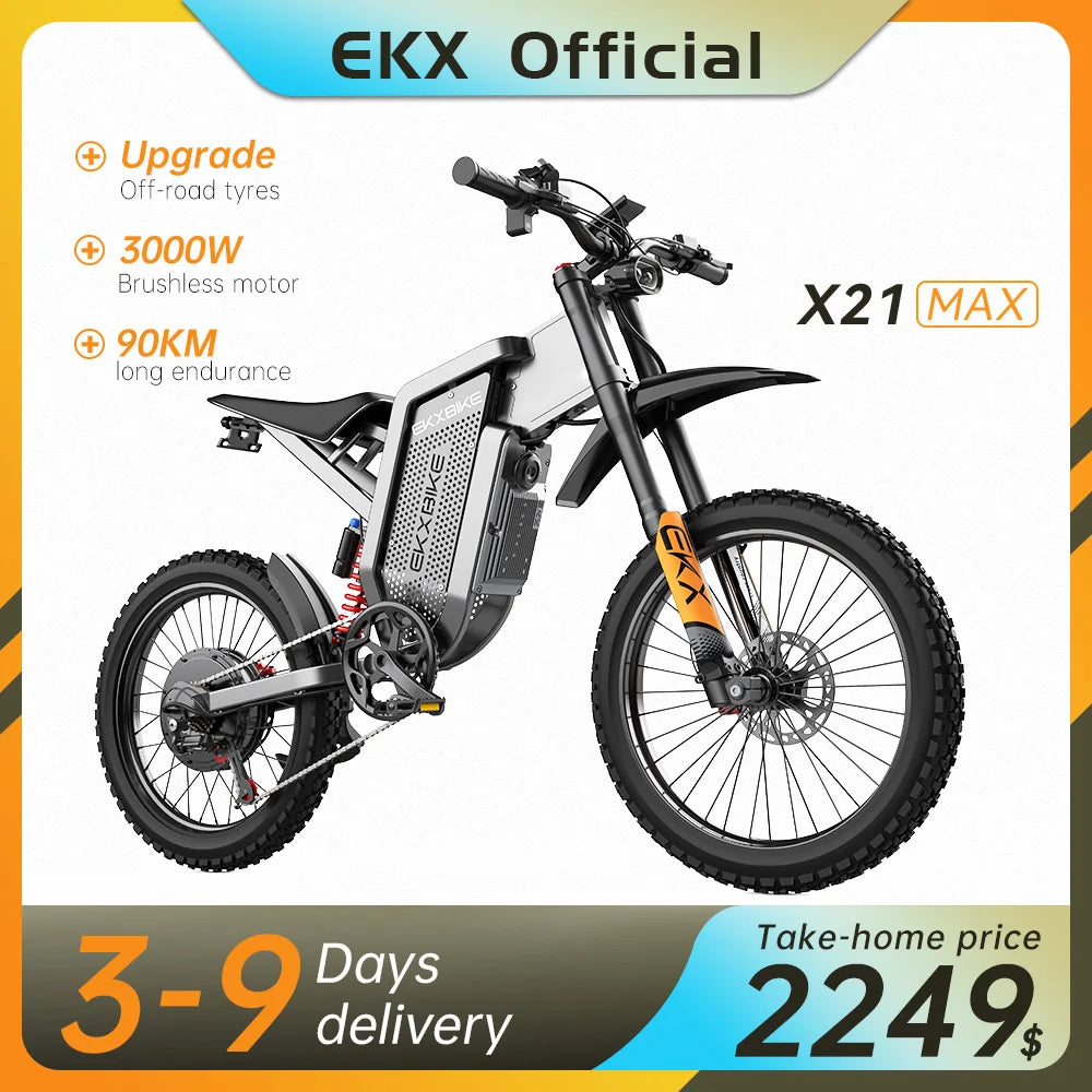 EKX X21 Max Electric Motorcycle 3000W Brushless Gearless Motor 60V 30AH Lithium Battery 85Kmh Adult Off Road Ebike