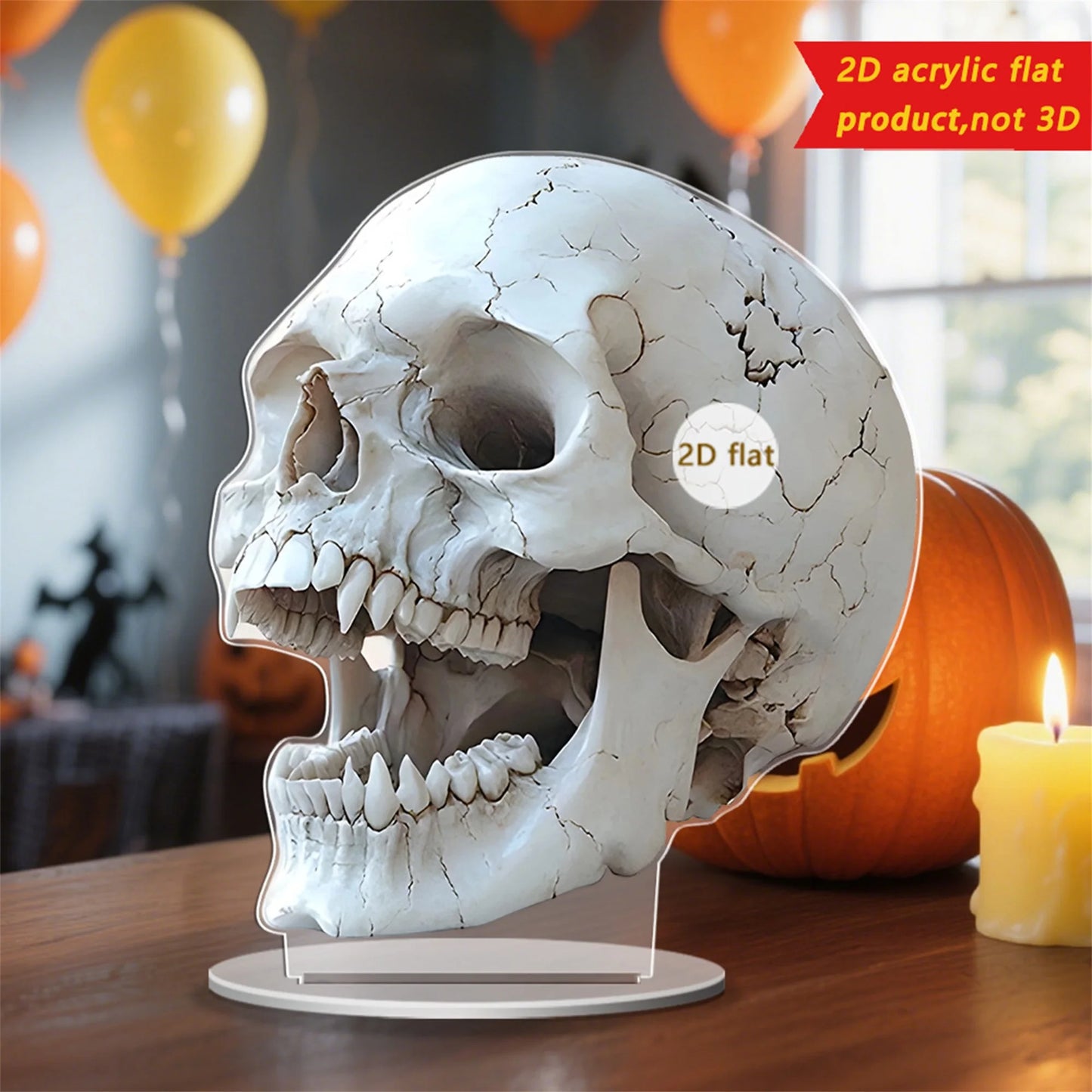 Spooky Halloween Skull Decorations Set of 3 2D Flat Acrylic Skeleton Head Ornaments for Home Holiday Party Tabletop Display