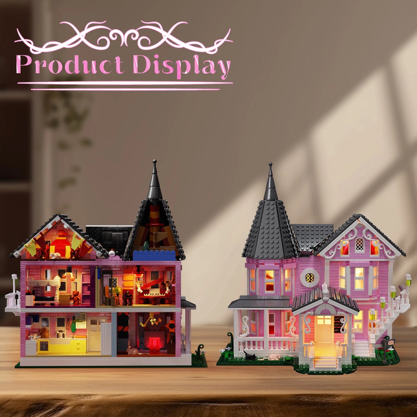 Pink Palace House Building Set Lights Coraline Haunted House Lego Compatible