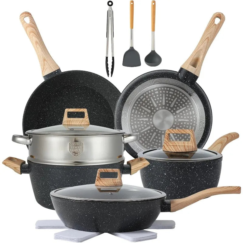 Black 16 Piece Nonstick Cookware Set Pots And Pans