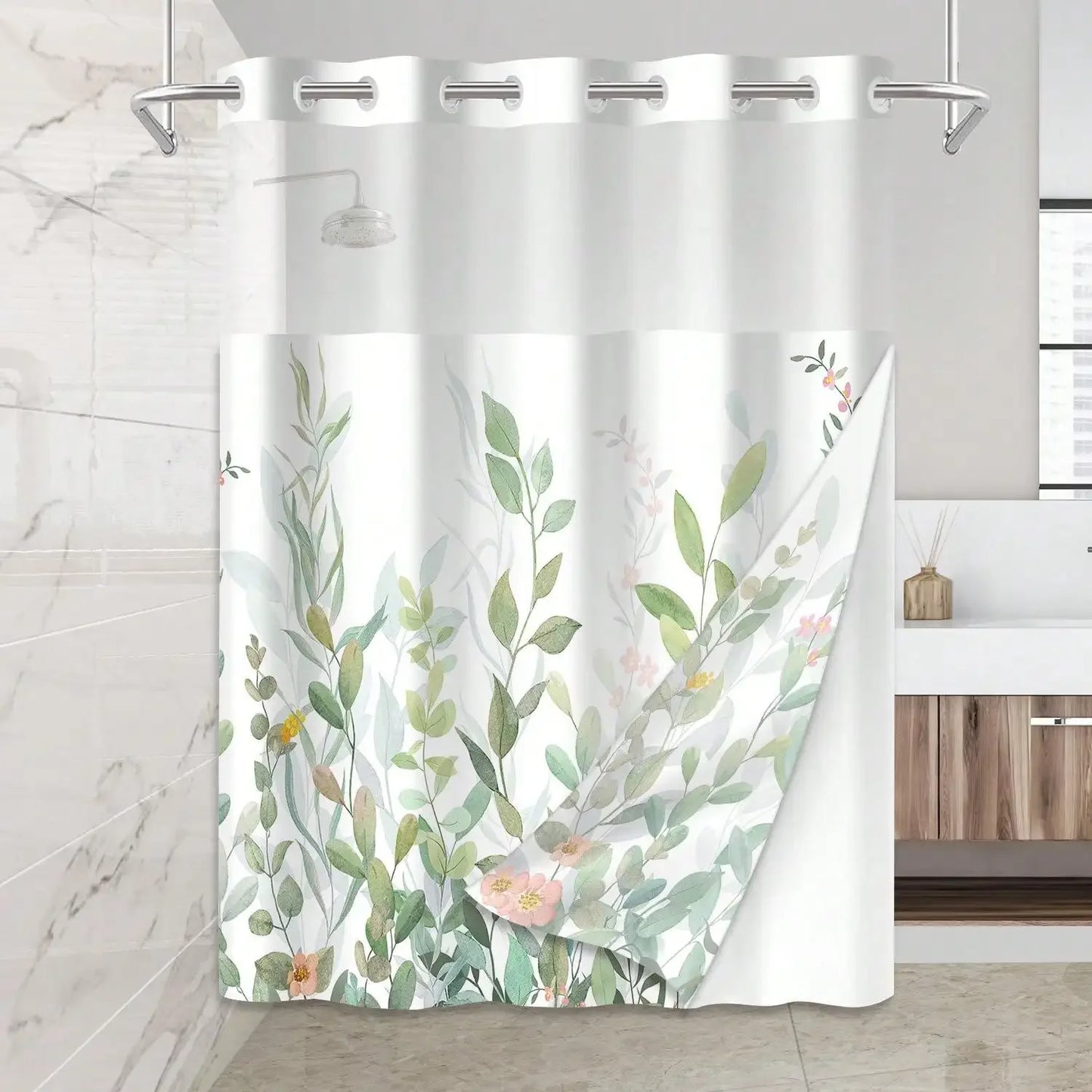 Plants Pattern Waterproof Shower Curtain No Hook Bathroom