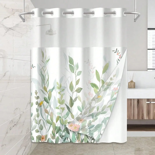Plants Pattern No Hook Waterproof Shower Curtain PVC Modern Bathroom Decor