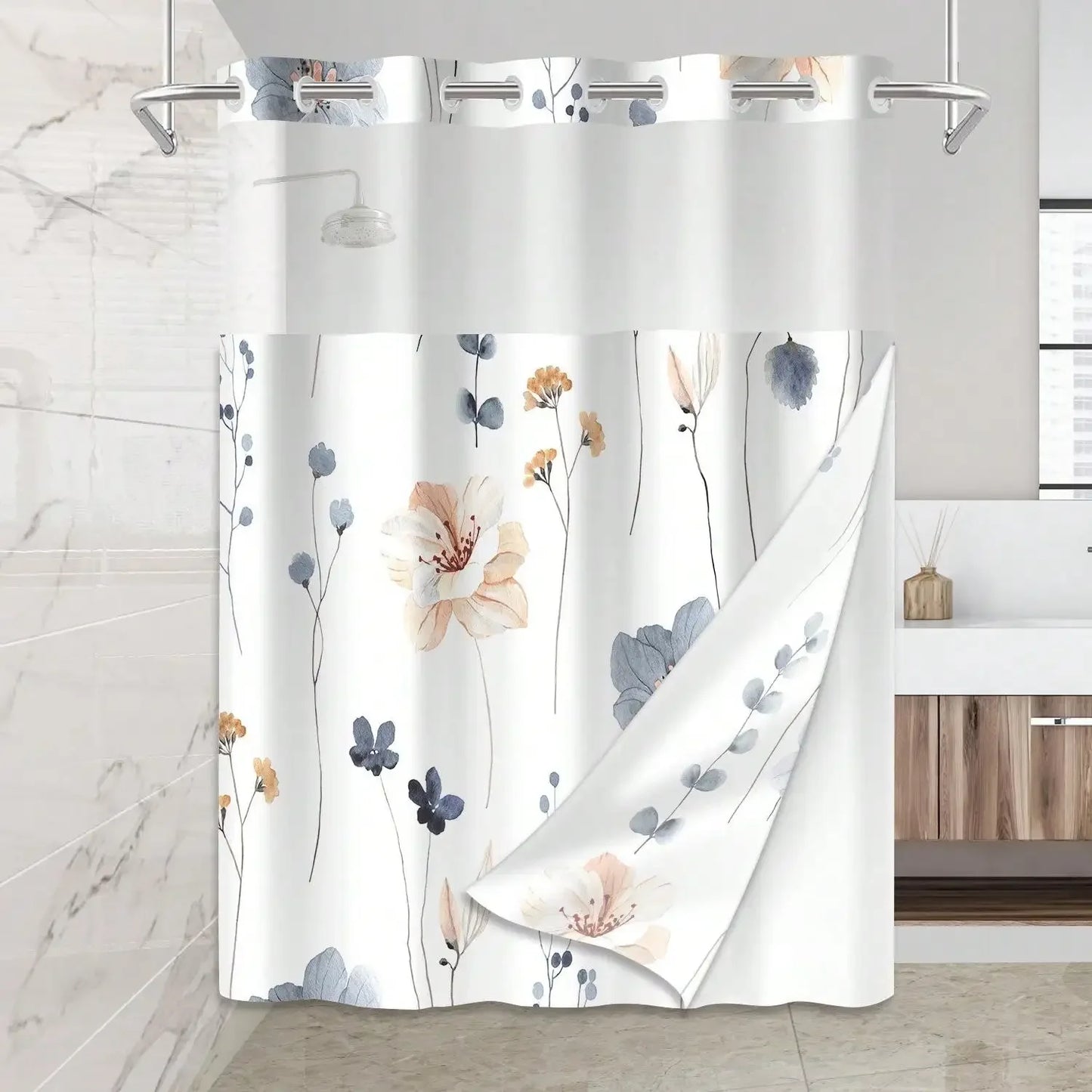 Plants Pattern No Hook Waterproof Shower Curtain PVC Modern Bathroom Decor