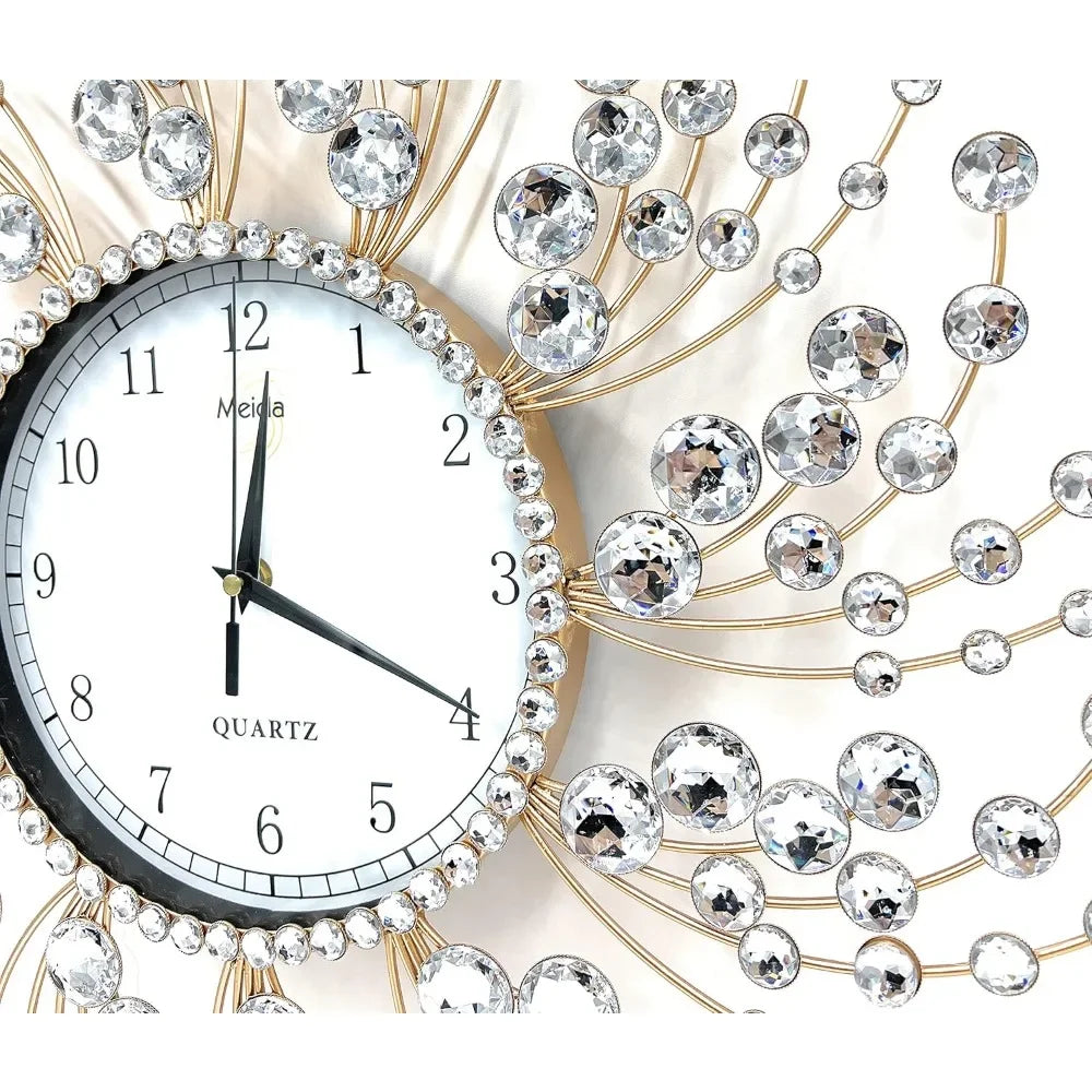 Large Gold Wall Clock with Dazzling Crystals Battery Operated Modern Elegance Ideal for Living Room and Bedroom