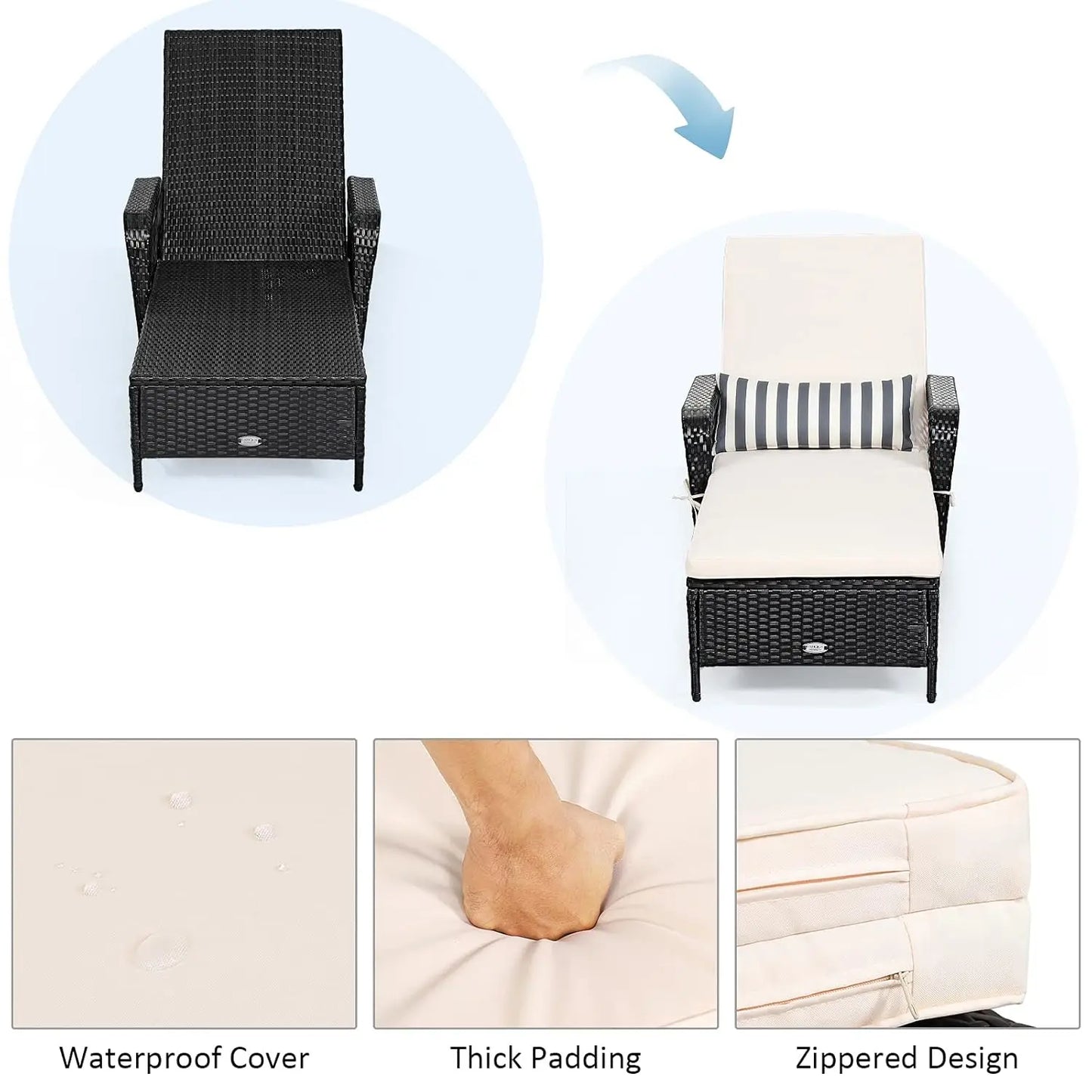 Wicker Chaise Lounge Outdoor Rattan With Adjustable Backrest Cushioned Pad