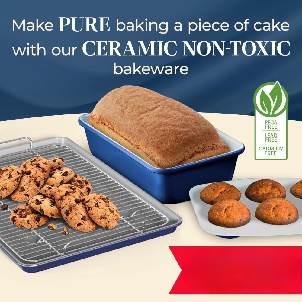 8 Piece Stackable Bakeware Set Ceramic Non Stick Oven Safe Baking Sheets and Pans PTFE PFOA PFOS Free with Ergonomic Handles and Cooling Rack