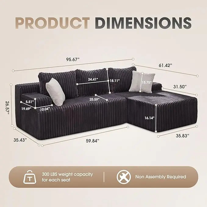 Modular L Shaped 3 Seat Sectional Sofa Memory Foam Storage