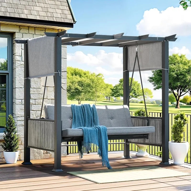 2 In 1 Convertible Porch Swing Bed With Wicker Armrests And Adjustable Canopy