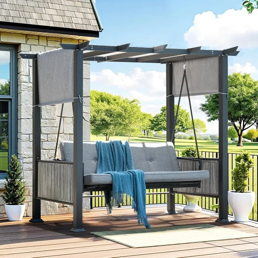 2 In 1 Convertible Porch Swing Bed With Wicker Armrests And Adjustable Canopy
