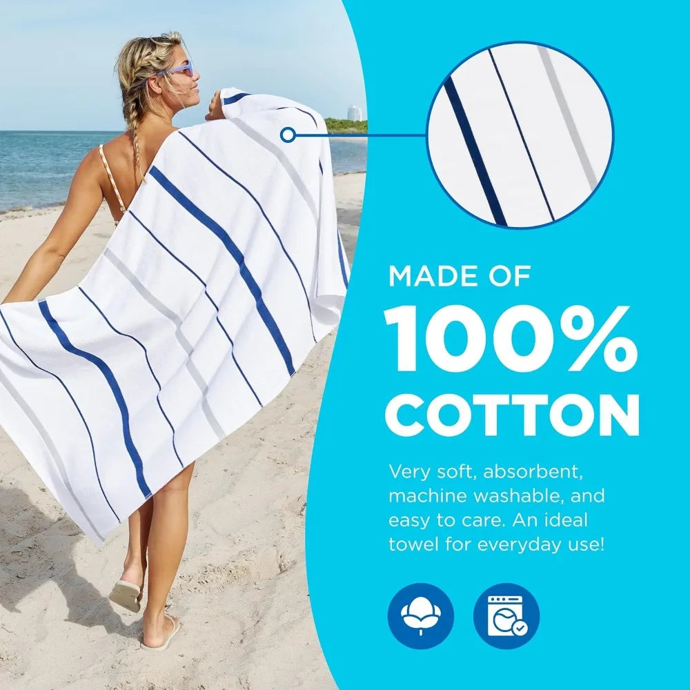 Terry Striped Beach Pool Towels Navy Set 24 30x60 400 GSM