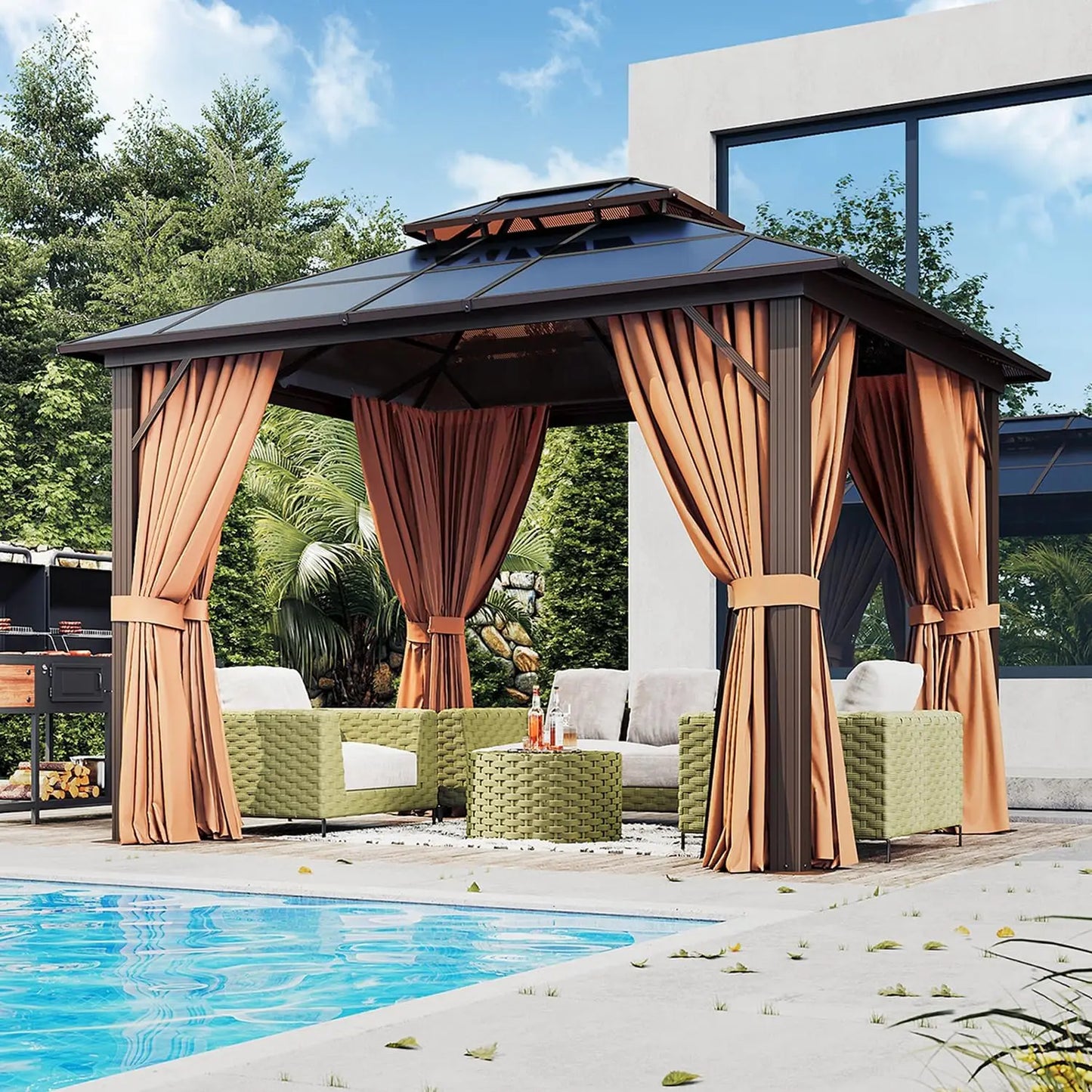 10x12ft Hardtop Gazebo With Aluminum Frame Netting And Curtains Outdoor Pavilion