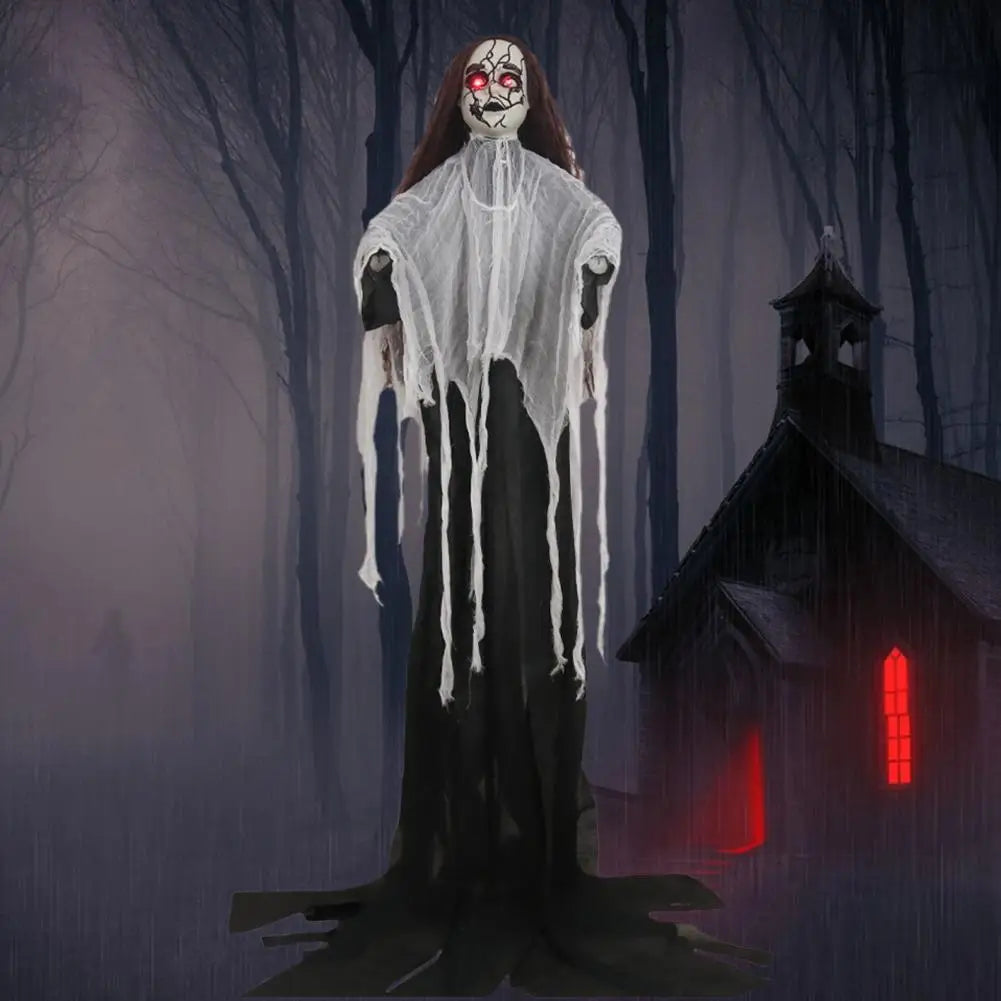 Life Size Animatronic Bride Decoration Halloween Ghost Bride Ornament with Sound Battery Operated Skeleton for Haunted House