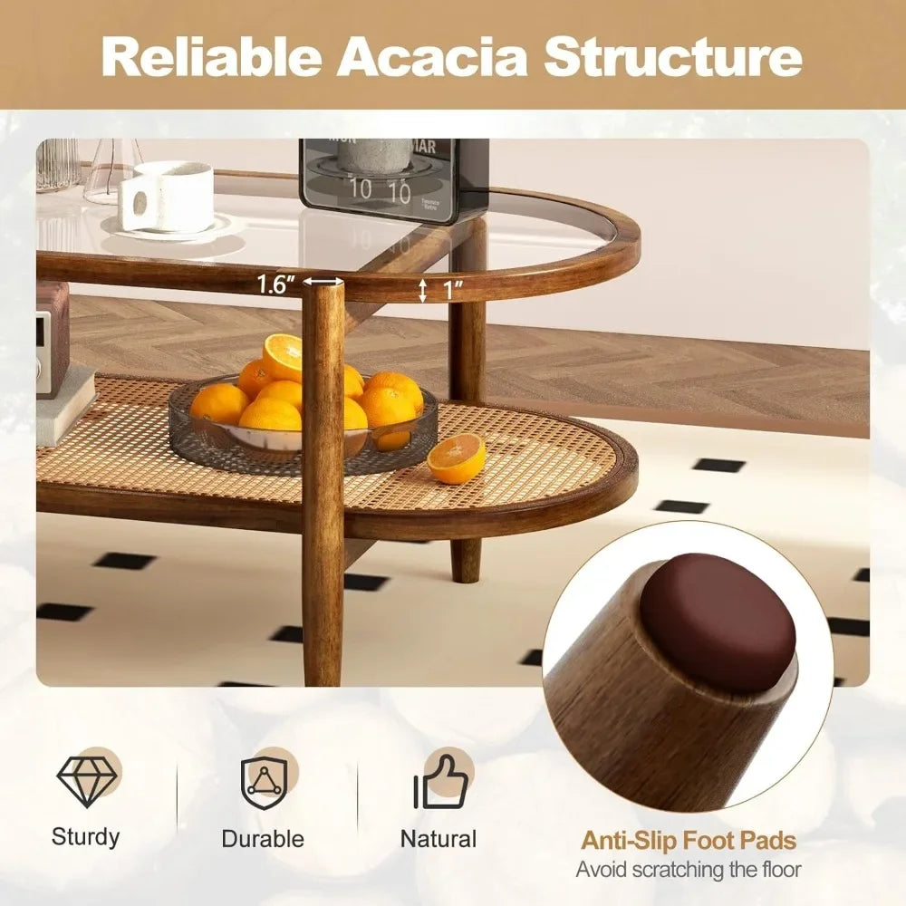 Rattan Coffee Table 2 Tier Acacia Wood With Glass Top Shelf