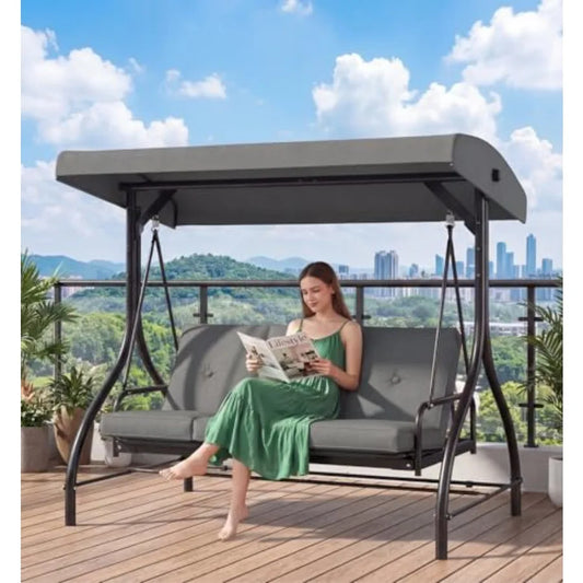 Three Seat Outdoor Patio Swing With Adjustable Canopy 2mm Steel Frame Brown