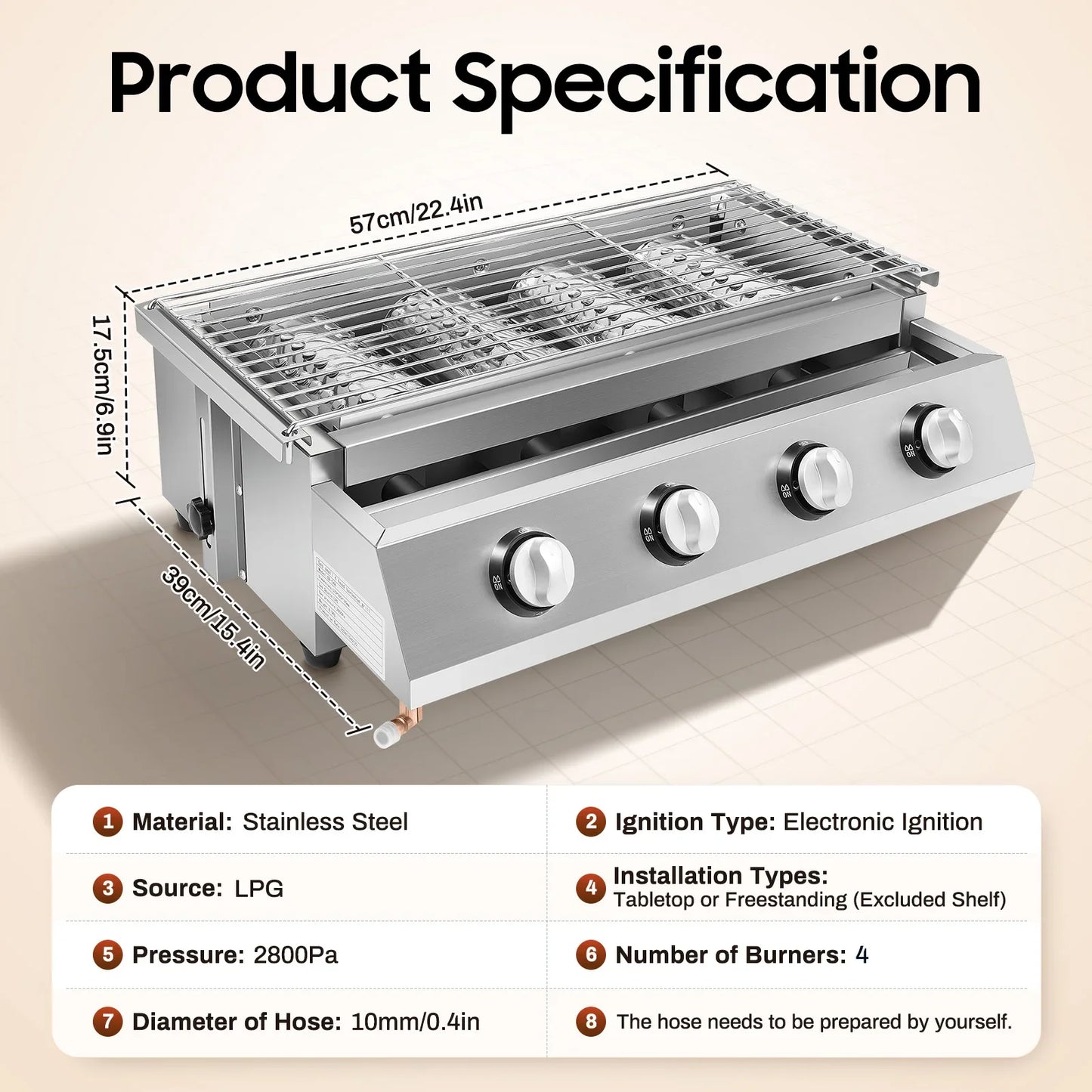 Garden BBQ Grill for Camping Picnics 4 Burner LPG Gas Grill Adjustable Height Removable Net Commercial Barbecue Grills