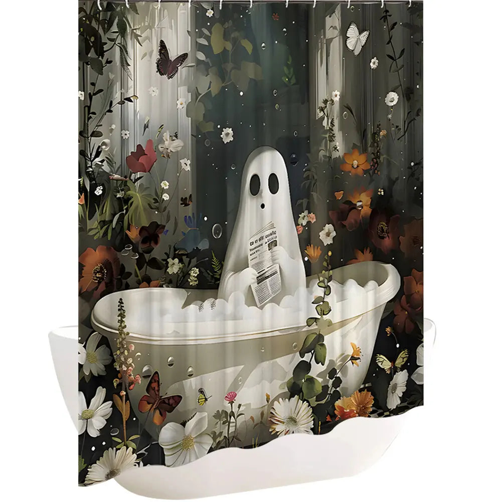 Cute Cartoon Ghost Shower Curtain Set Halloween Bath Decor