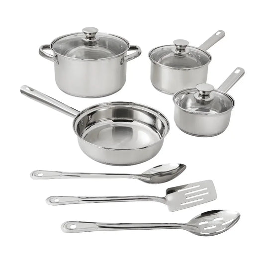 10 Piece Stainless Steel Cookware Set Pots and Pans Kitchen Cooking Set with Stay Cool Handles Dishwasher Safe Silver