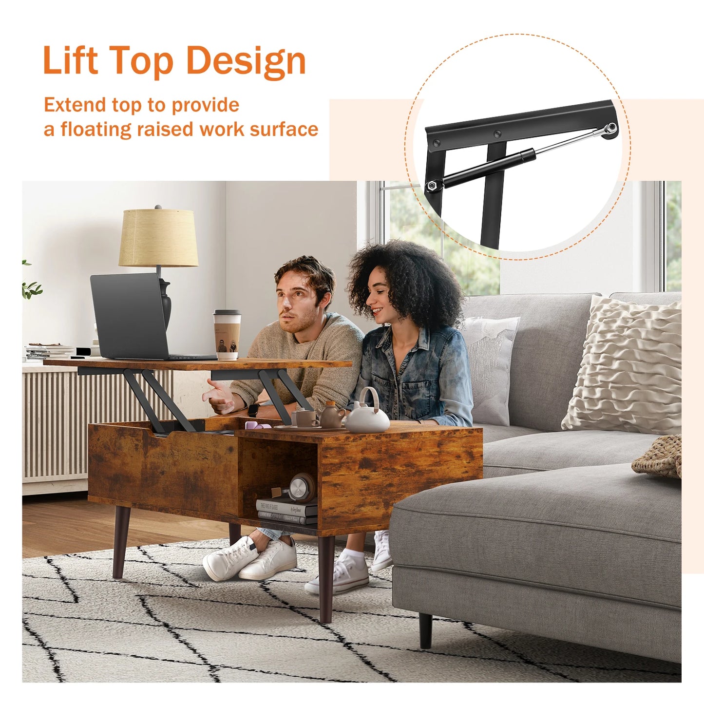 JHK Lift Top Wood Coffee Table With Storage For Living Room