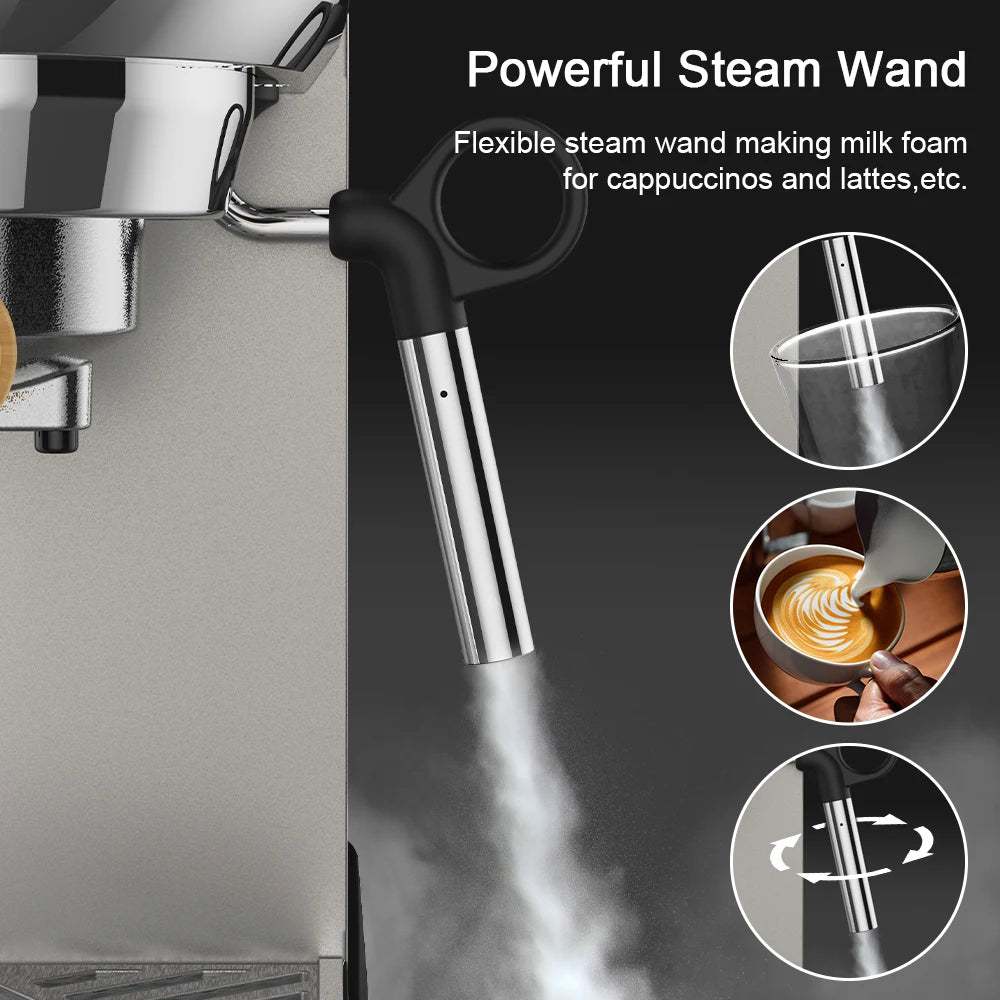 BioloMix 20 Bar Semi Automatic Powder Coffee Machine with Milk Steam Frother for Espresso Cappuccino Latte and Mocha