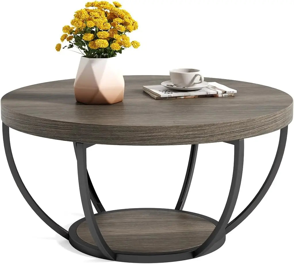 32 Inch Circle Marble Coffee Table With 2 Tier Gold Metal Legs Open Storage