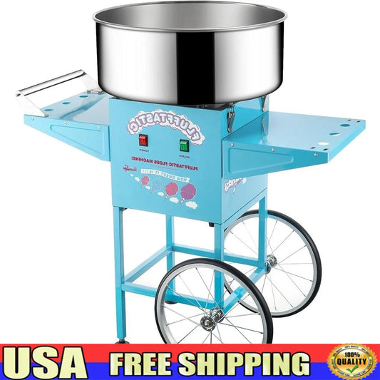 Cotton Candy Machine Cart 1000W Portable Floss Maker with Stainless Steel Pan Side Trays and 13 Inch Wheels for Parties and Events