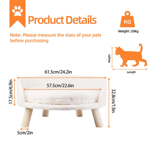 Luxury Cat Bed Soft Warm Plush Fabric Pet Nesting Chair Bed Stool with Washable Waterproof Cushion Pad and Wood Legs for Small Pets