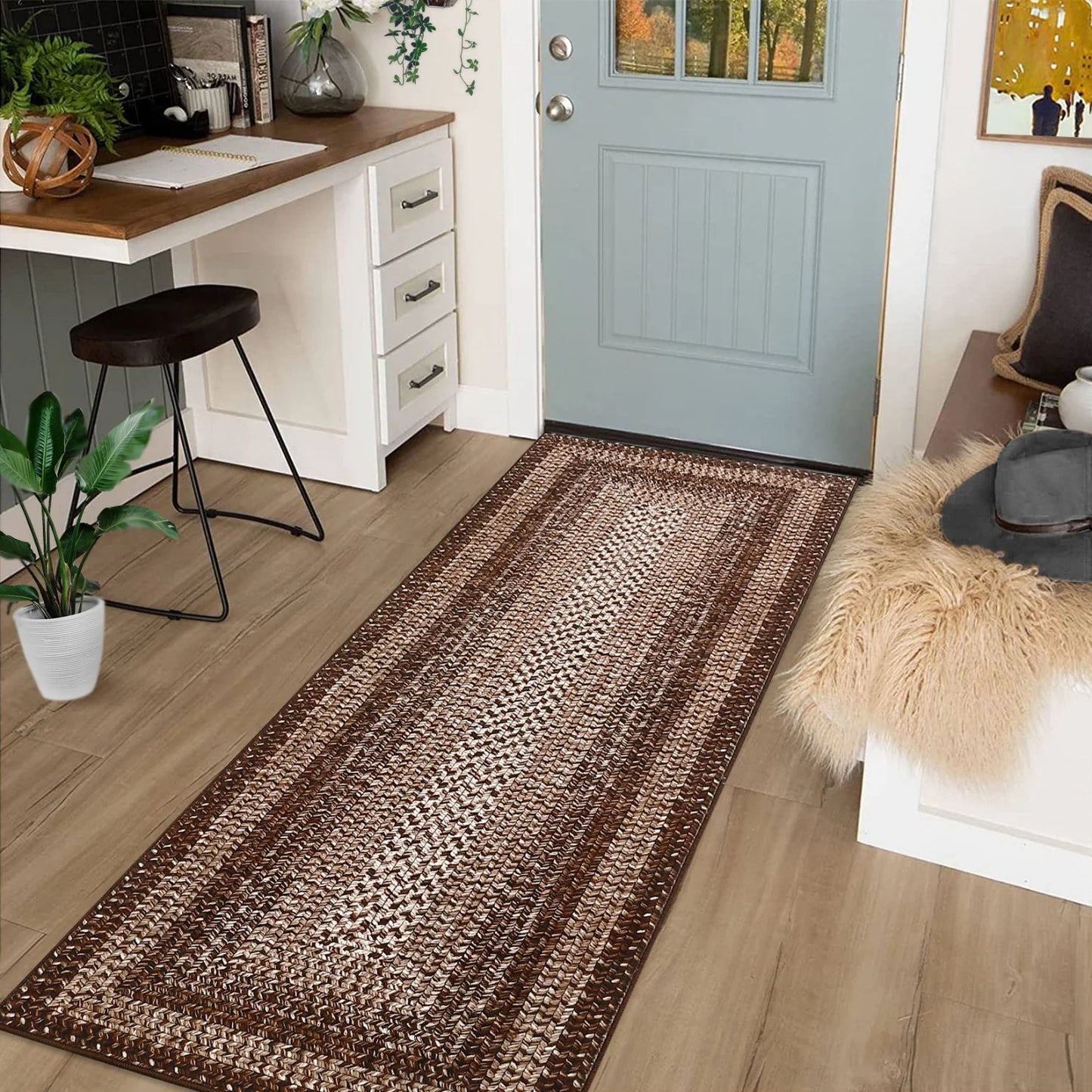 Washable Area Rugs Large Rugs for Living Room Modern Braided Print Non Slip Indoor Floor Covering Accent Carpet for Bedroom