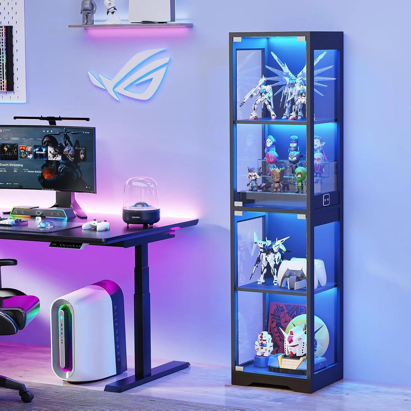 4-Tier Glass Display Cabinet With Adjustable LED Lights And Sensor Black