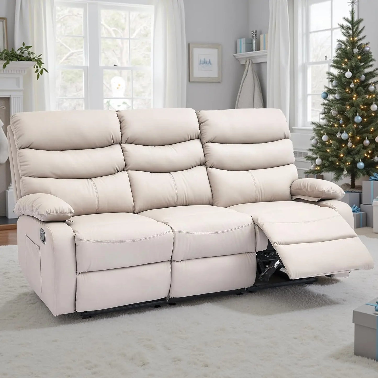 3 Seat Manual Reclining Leather Sofa With Overstuffed Arms Hidden Storage Beige