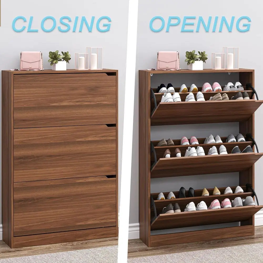 Slim Narrow Wood Shoe Cabinet With 3 Flip Drawers Freestanding Organizer