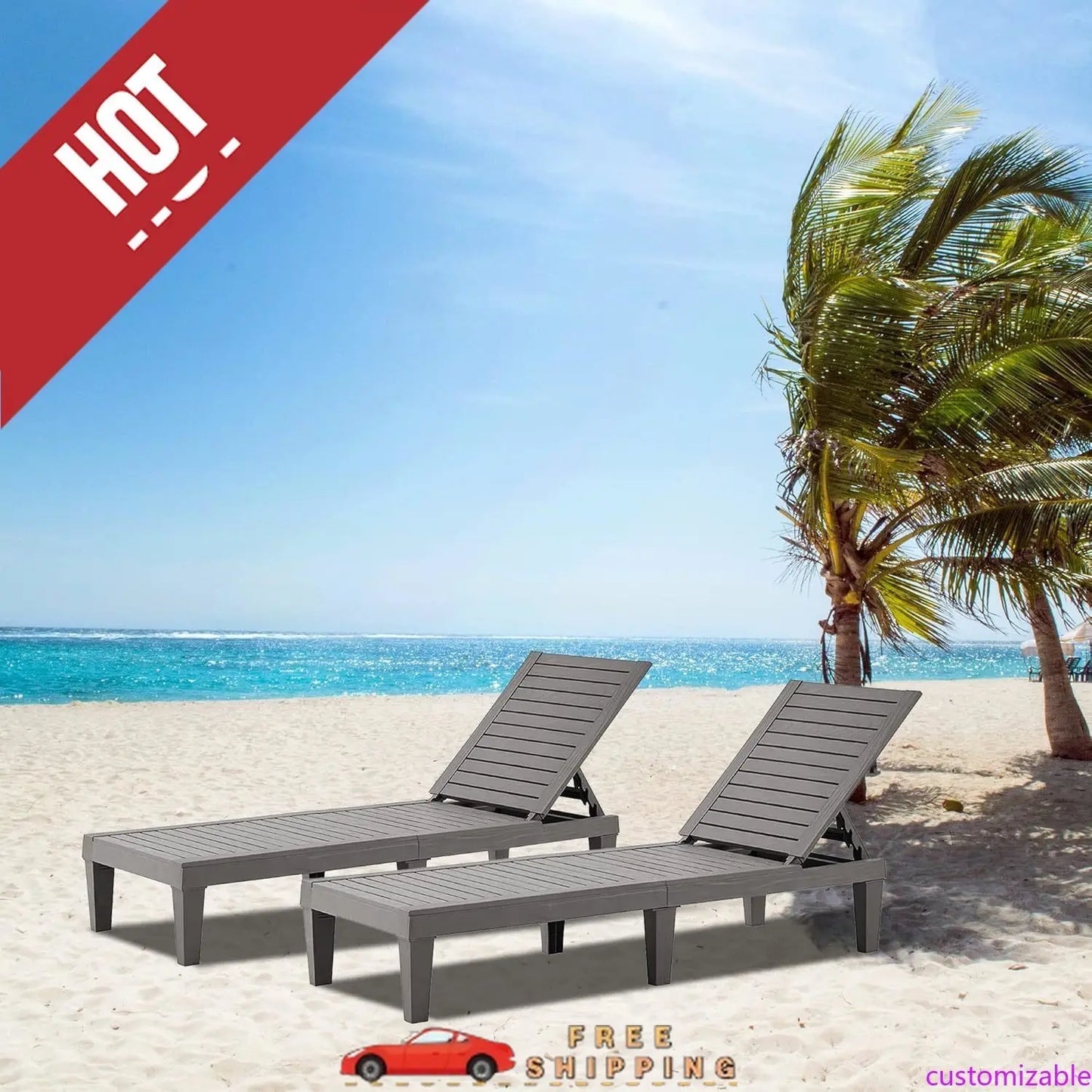 Outdoor Chaise Lounge Set of 2 Adjustable Pool Chairs With 5 Position Backrest