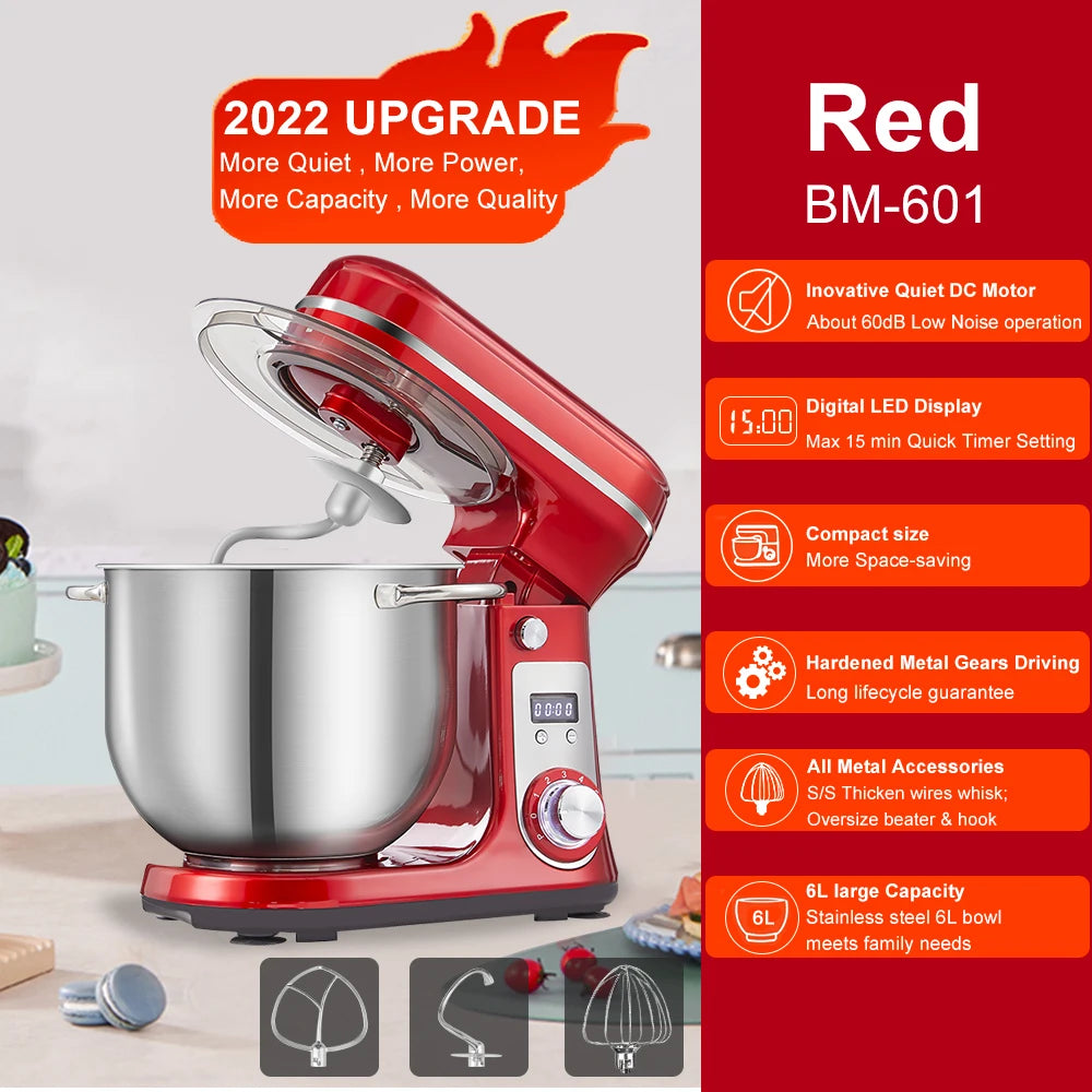 BioloMix Kitchen Food Stand Mixer Blender Quiet Motor 6 Speed 1200 Watt 6 Liter DC Mixing Bowl