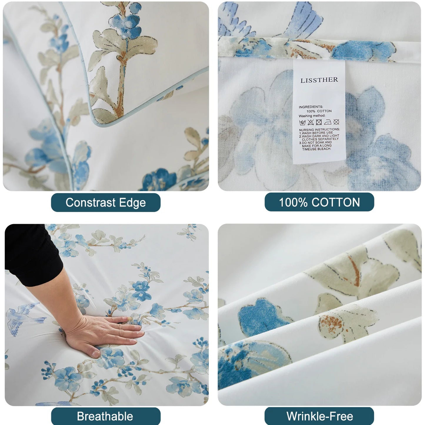 3Pc 600TC Egyptian Cotton Duvet Cover Set Blue Floral