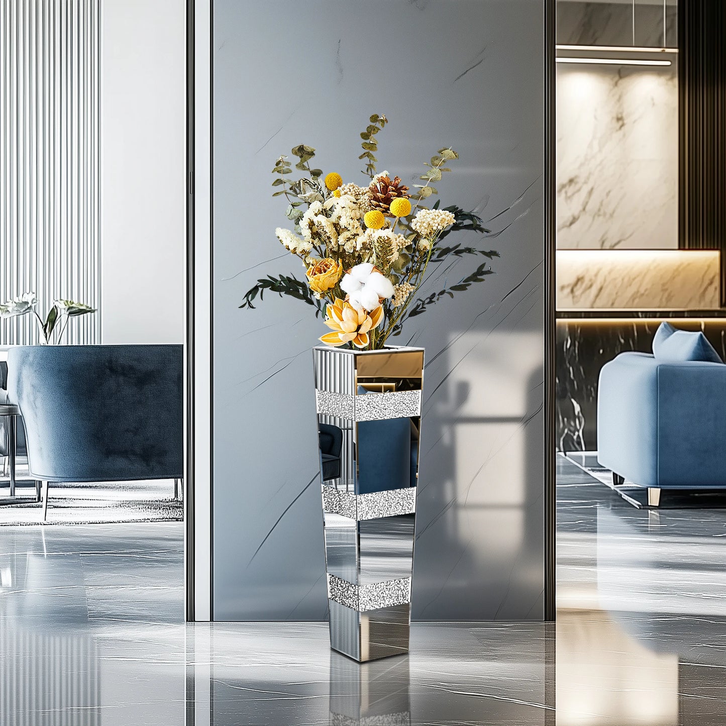 Tall Floor Mirror Vase Large Crushed Diamond Glass Vase for Home Decor Modern Crystal Centerpiece for Living Room Wedding Hotel