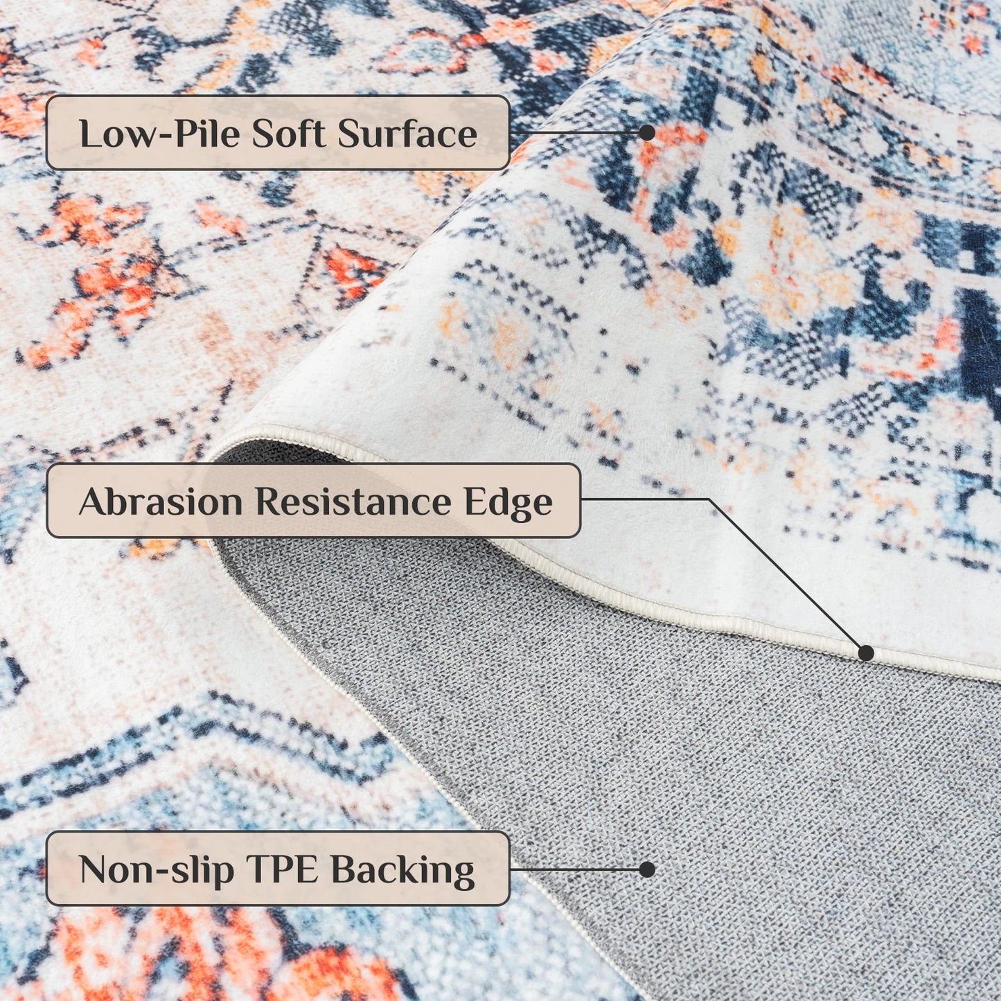 Orhopui Vintage Boho Design Washable Area Rugs Non Slip Rugs for Living Room and Bedroom Traditional Woven Rugs Stain Resistant