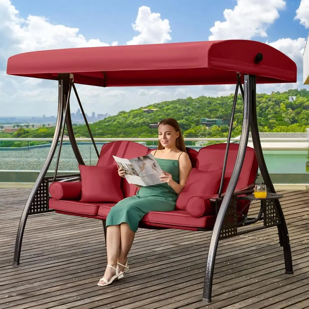 Three In One Adjustable Outdoor Swing Chair With Cushions And Cup Holders